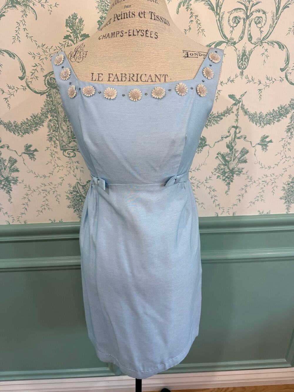 Vintage 1960s Nadine Light Powder Blue Beaded Daisy Empire Waist Mini Dress⁠